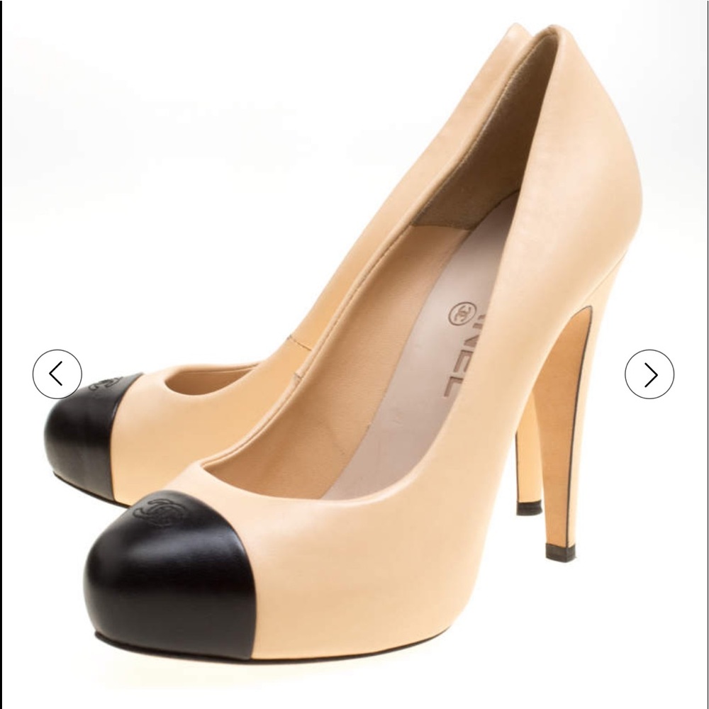 Authentic CHANEL Beige/Black Leather Cap Toe CC Platform Pump Size 41